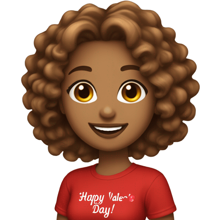 Light brown lady smiling, medium brown long curly hair, bright red lips, eyelashes, wearing red “happy Valentine’s Day” t shirt emoji