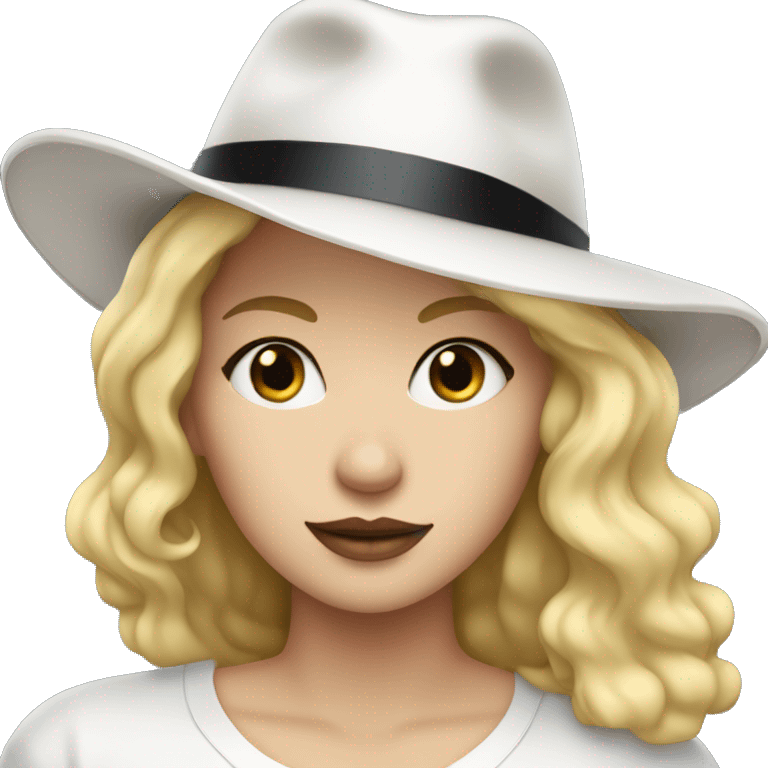 blonde white woman wearing an oversized plain glittery white tshirt + black fedora emoji