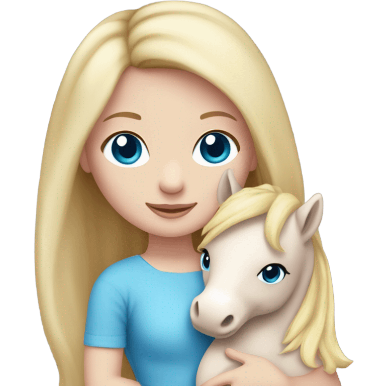 Blonde, pale skin, blue eyes girl wearing a pink dress cuddling her pony stuffed animal. emoji