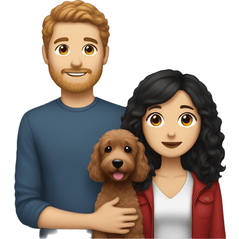 guy with brown hair and asian girl with long black hair holding red goldendoodle emoji