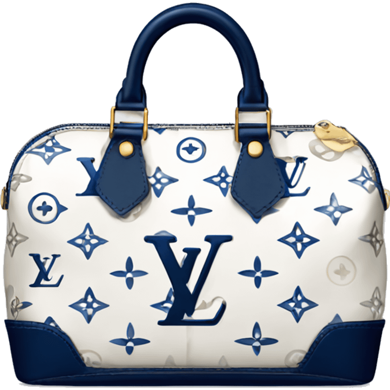 White Designer Louis Vuitton bag with navy blue monogram and navy blue trim emoji