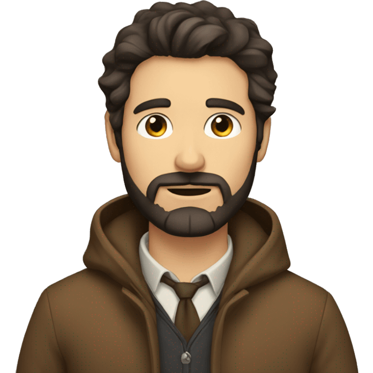 Man with very dark brown hair, tired eyes and scruffy beard wearing a brown coat emoji