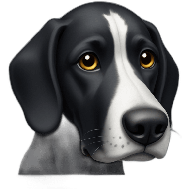 A black dog with a black muzzle with a white spot on his chest. With a long nose and floppy ears emoji