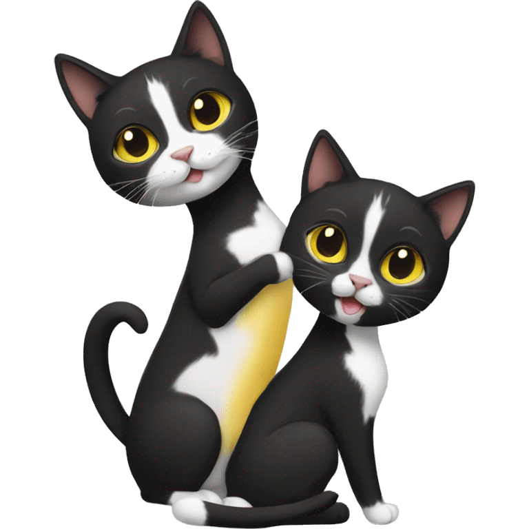 A black female cat with a yellow and white male cat playing emoji