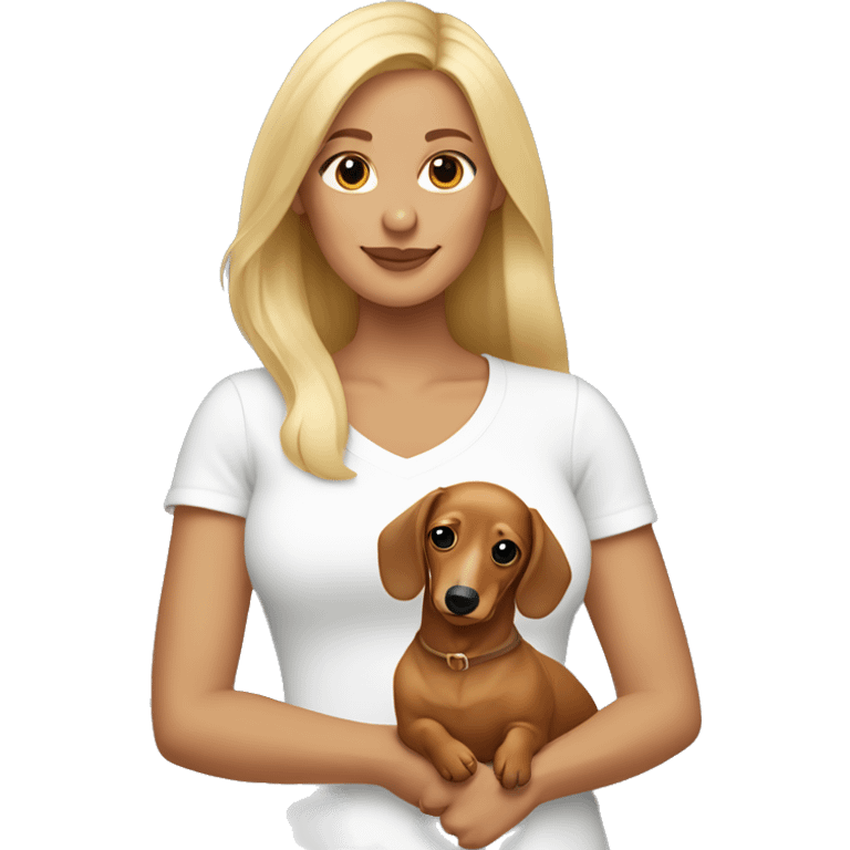 Blonde woman with tan skin wearing white top holding a blonde long haired dachshund  emoji