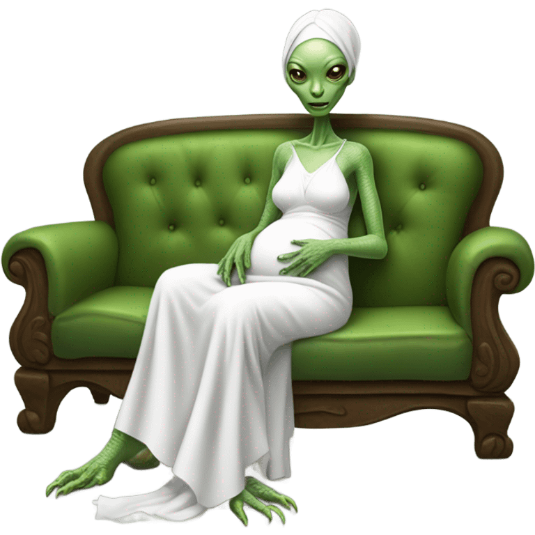 reptilian alien woman in white dress, pregnant, sitting on couch emoji