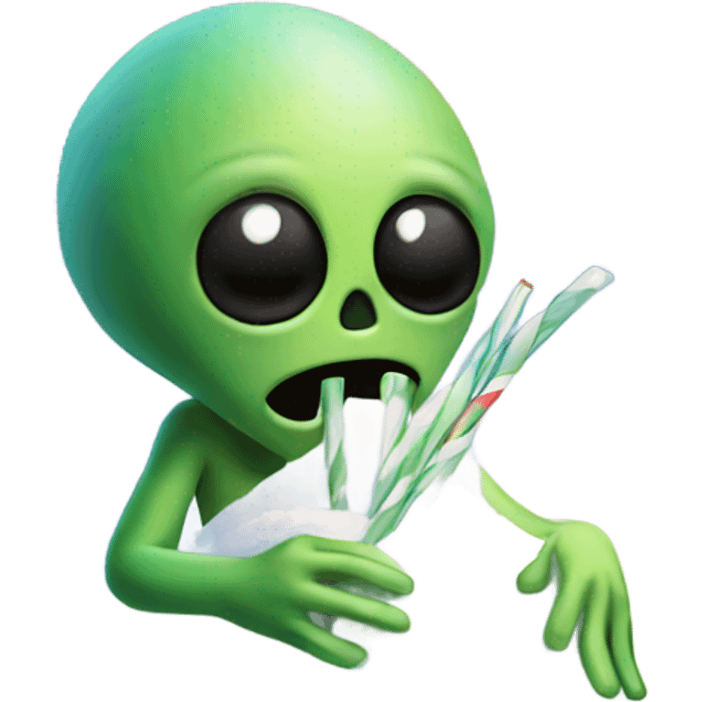 alien holding a small straw next to a mound of snow emoji