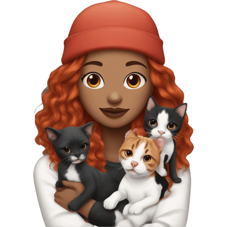 Long Red haired woman in beanie with septum piercing holding black and white English Staffordshire puppy and tabby cat emoji