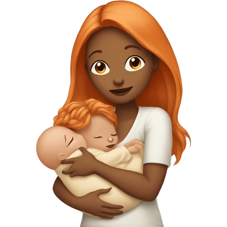 Tan girl with long orange hair holding newborn baby in arms emoji