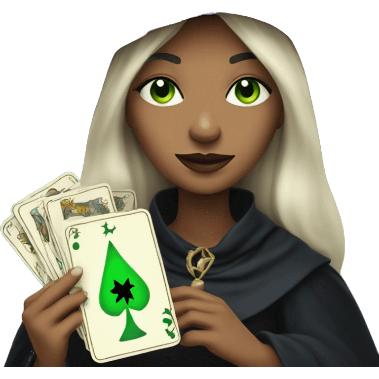 Witch with green eyes holding tarot cards emoji