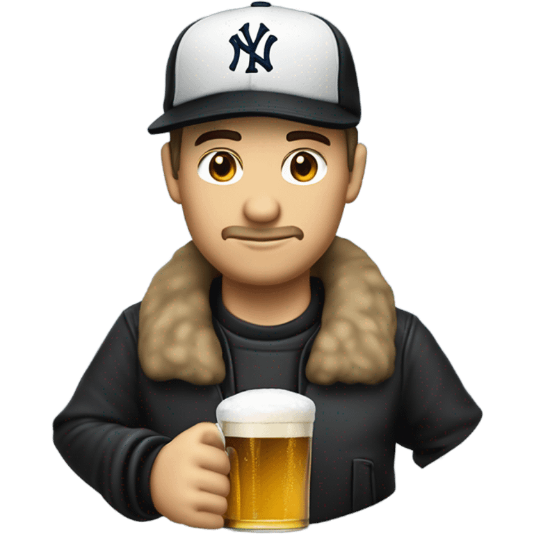 Homme blanc / cheveux courts noir / mal rasé / casquette noir yankees noir / avec une bière emoji