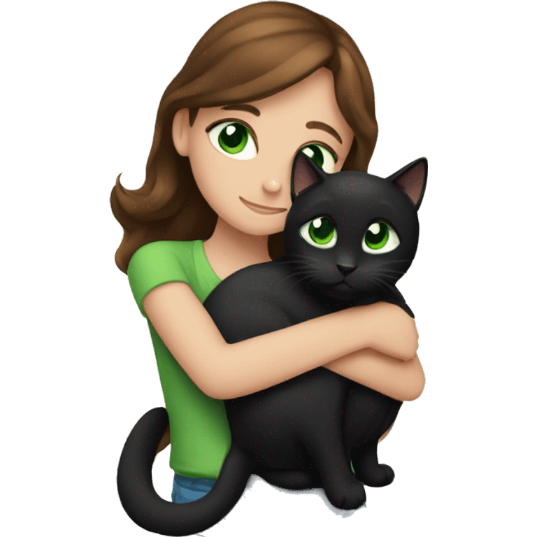 Blue-eyed brown-haired girl hugging black cat with green eyes emoji