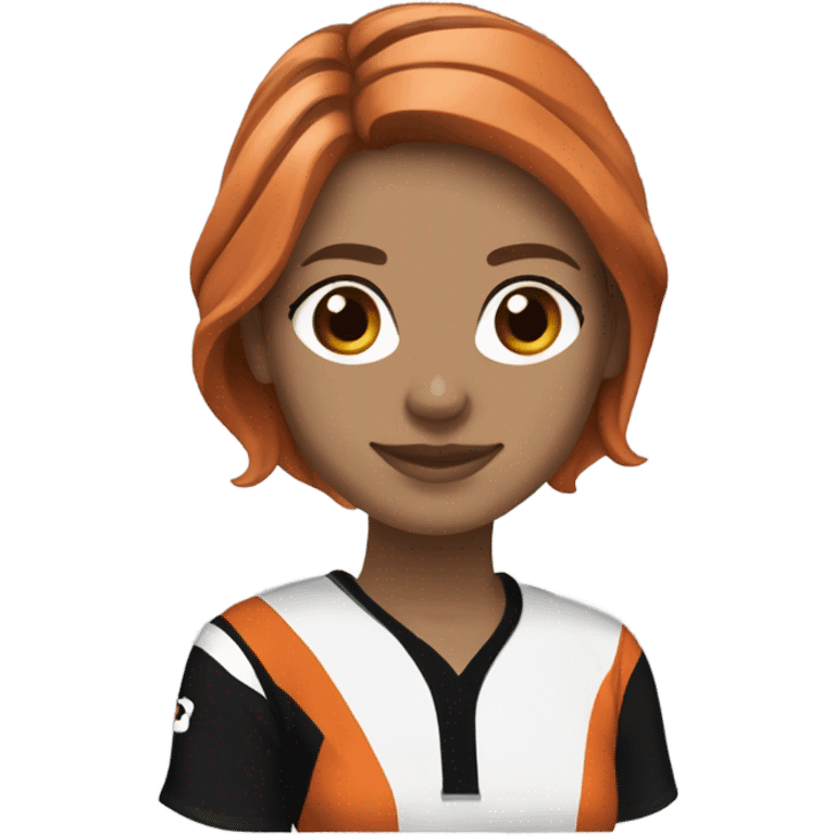 Caucasian ￼women with brown hair wearing a Cincinnati bengals jersey emoji