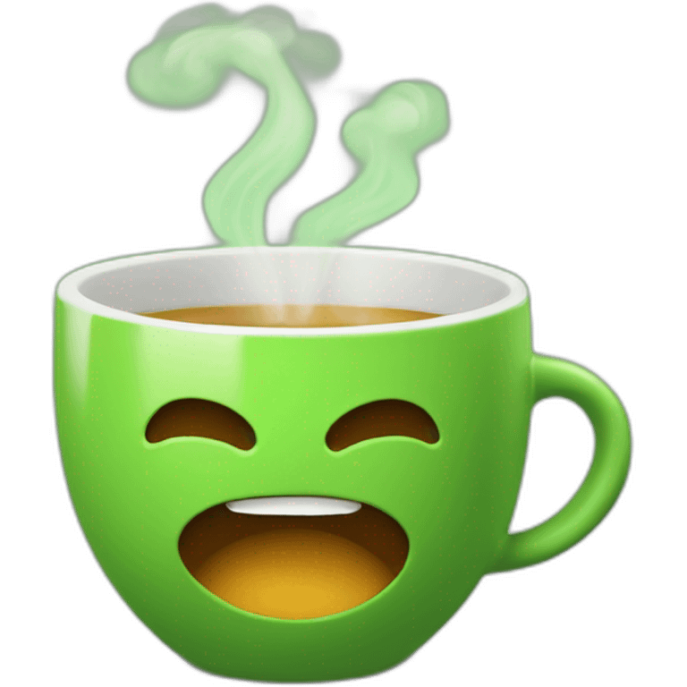 Green coffee mug with aroma steaming up emoji