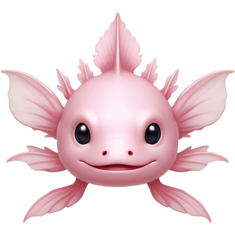 Cinematic Noble Axolotl Portrait Emoji, Poised and regal, with a slender, graceful build and smooth, pale pink skin adorned with feathery external gills, deep-set soulful dark eyes, Simplified yet sharp and sophisticated features, highly detailed, glowing with a soft, ethereal glow, high shine, intelligent and enigmatic, stylized with an air of aquatic elegance, focused and attentive, soft glowing outline, capturing the essence of a watchful and mystical creature, so majestic it feels as though it could glide out of the screen with effortless authority! emoji