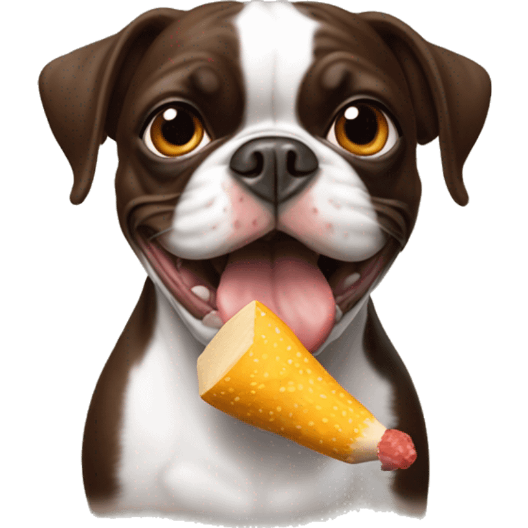 Brown and white Boston terrier with rubber chicken in mouth emoji