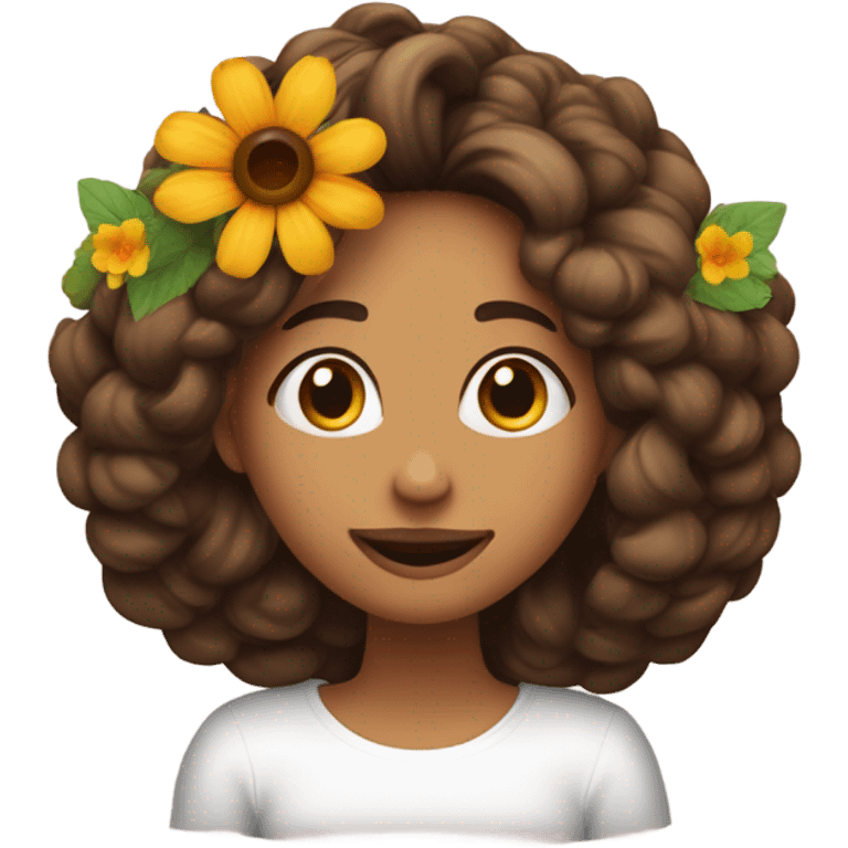 Mulher cabelos compridos lisos de cor castanho com flores sobre cabeça, jogando beijo de lado de coração emoji