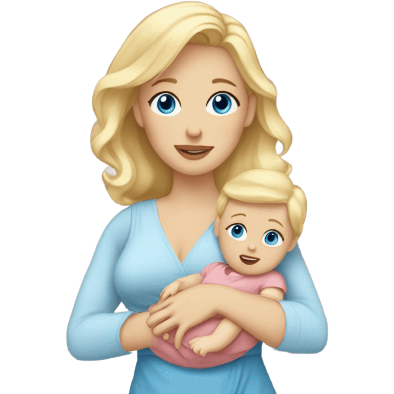 Blonde hair blue eye mom in dress with toddler and newborn emoji