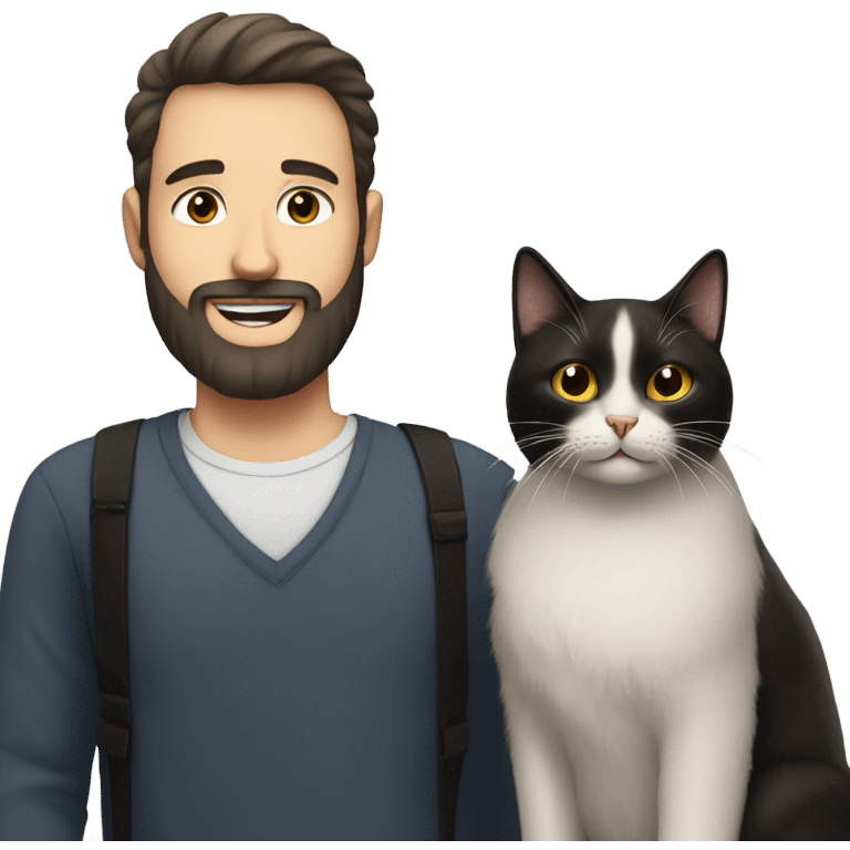 White brunette man with a beard celebrating his birthday with a black cat emoji