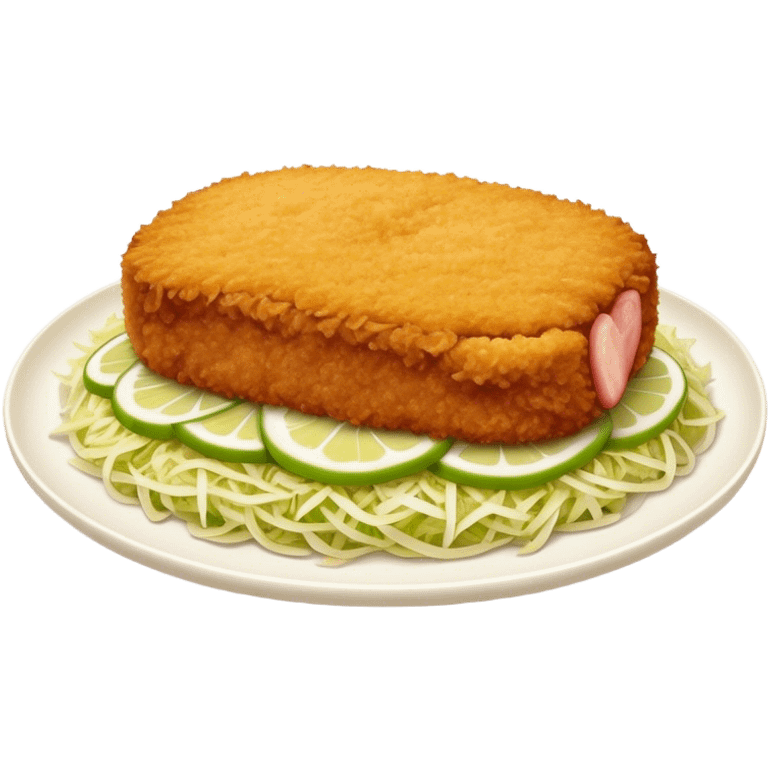 Cinematic Realistic Tonkatsu Dish Emoji, featuring a golden, breaded pork cutlet served with shredded cabbage rendered with rich textures and vibrant, dynamic lighting. emoji