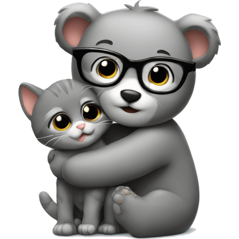 a bear cub in glasses hugs a gray cat emoji