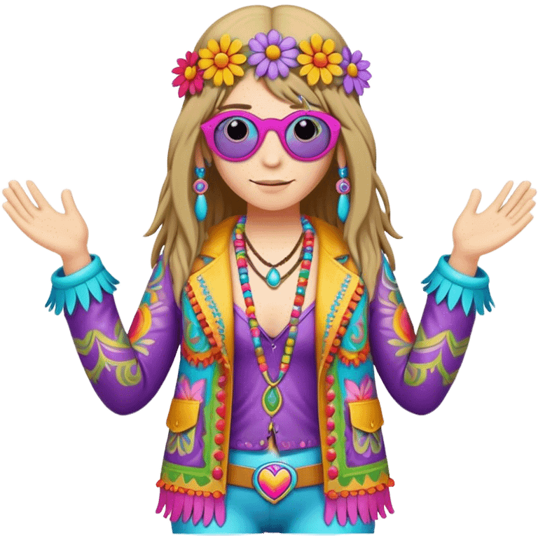 3D, psychedelic colored hippie wearing hip huggers and a fringed jacket with flower border emoji