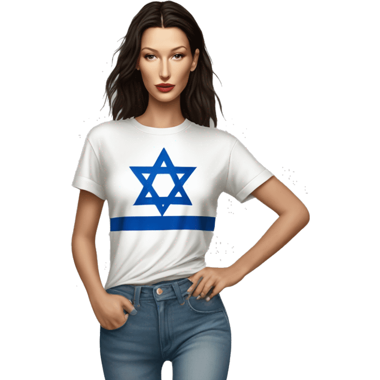 Bella hadid wearing t shirt with Israeli flag, full body emoji