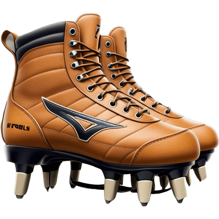 Cinematic Realistic image of a pair of AFL boots, showcasing detailed leather stitching and a rugged sole with fine cleat impressions, captured against a blurred stadium background with high-energy, dynamic lighting emoji