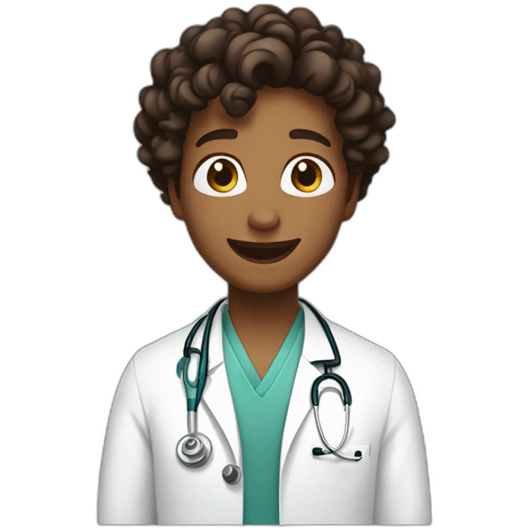 Doctor, brown skin, short hair, curly hair, oblique view, happy emoji