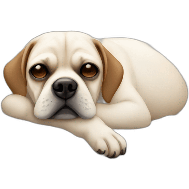 White Puggle with brown ears sleeping on bed emoji