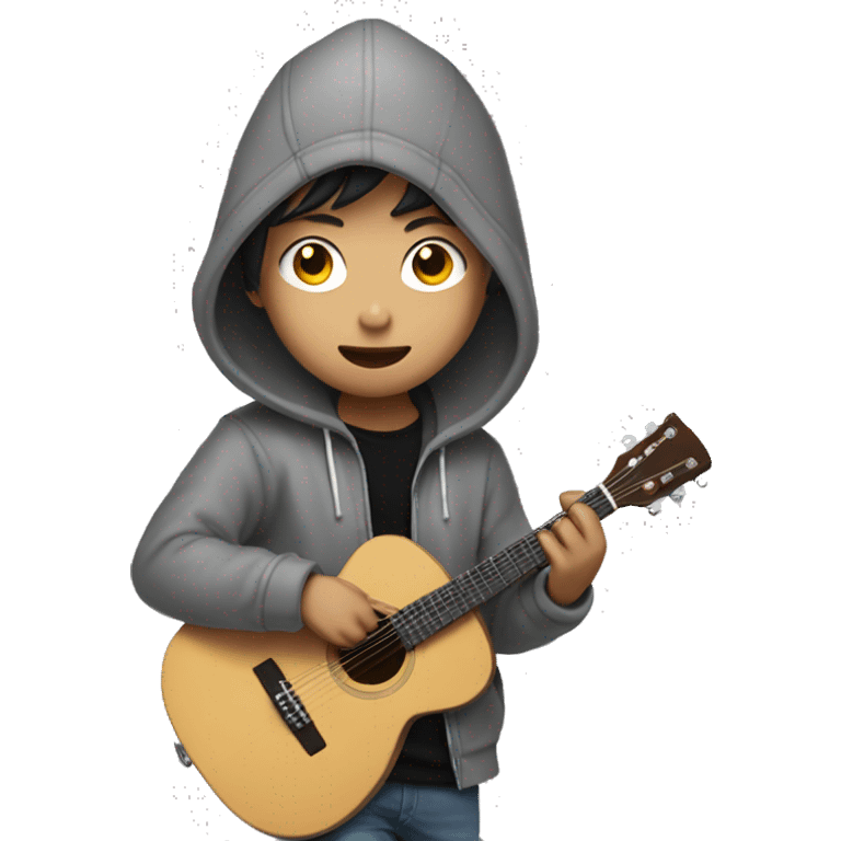 korean boy in unbuttoned grey hoodie jacket playing guitar with black t shirt inside emoji