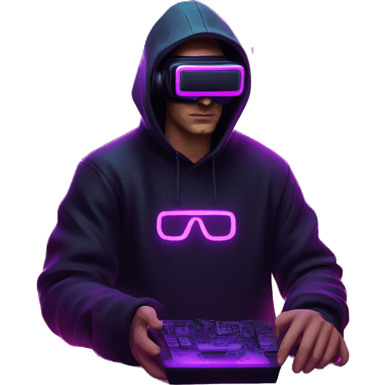 Russian man wearing a black hoodie with "OMG" letters on it and VR headset in a cyberpunk VR environment with violet neon lighting. emoji