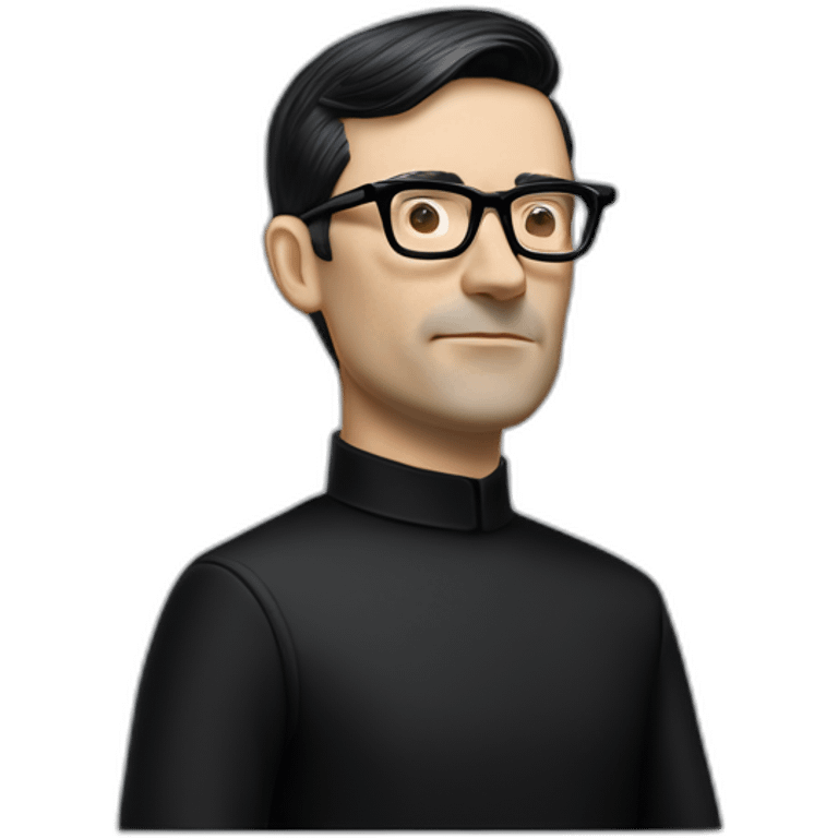 small photo realistic Ralf Hutter from Kraftwerk, short straight black hair, black glasses, thin, black shirt, side view, riding open top black tesla model 3 emoji