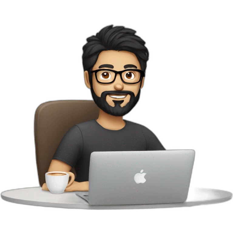 Designer with black hair, beard and glasses working with MacBook and drinking cappuccino  emoji