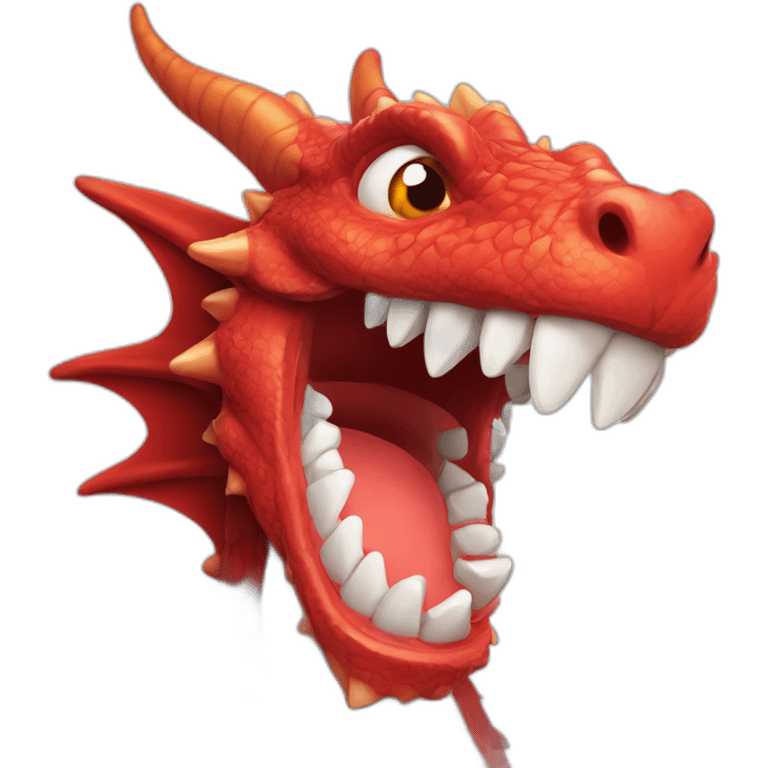 Crazy funny red dragon head with human white teeth and beautiful smile emoji