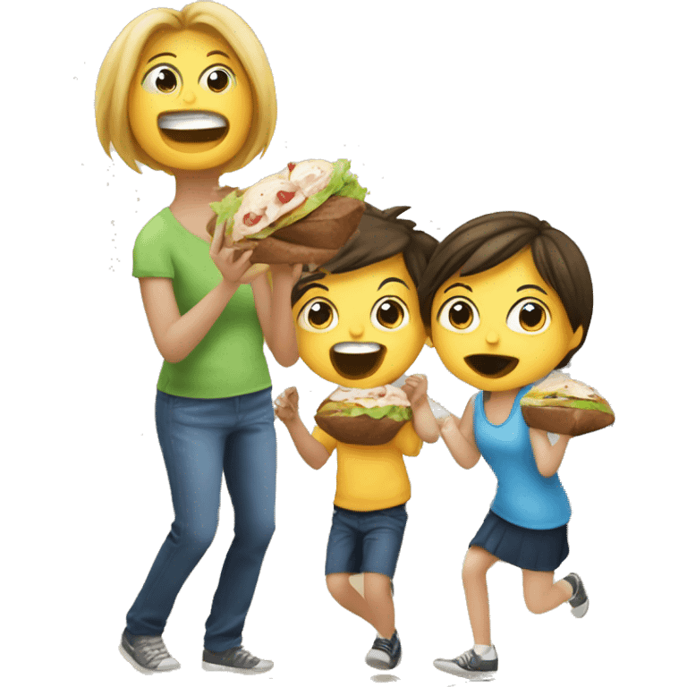 Two kids a boy and a girl going crazy eating an awesome lunch while the mom watches emoji