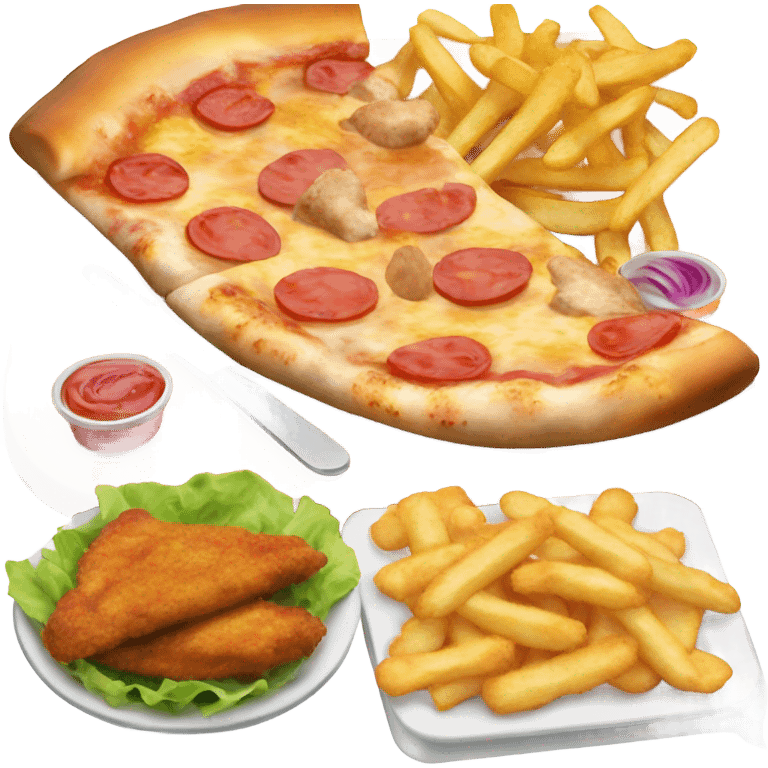 pizza and chips and fries and some chicken nuggets and some chicken wings and a salad for lunch  emoji