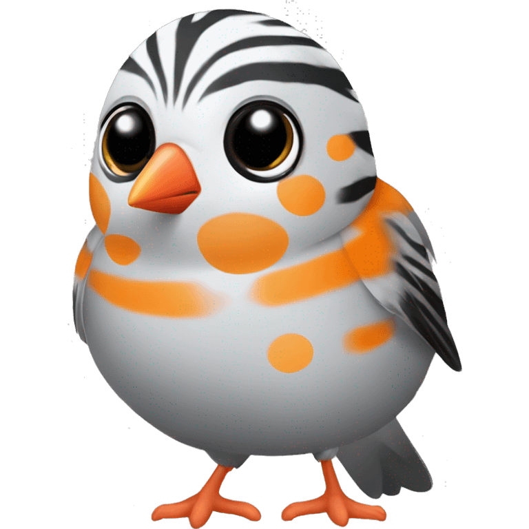 Zebra finch with orange circles on cheeks, grey body, white chest, with black tail, black eyes, and orange feet. Finch emoji