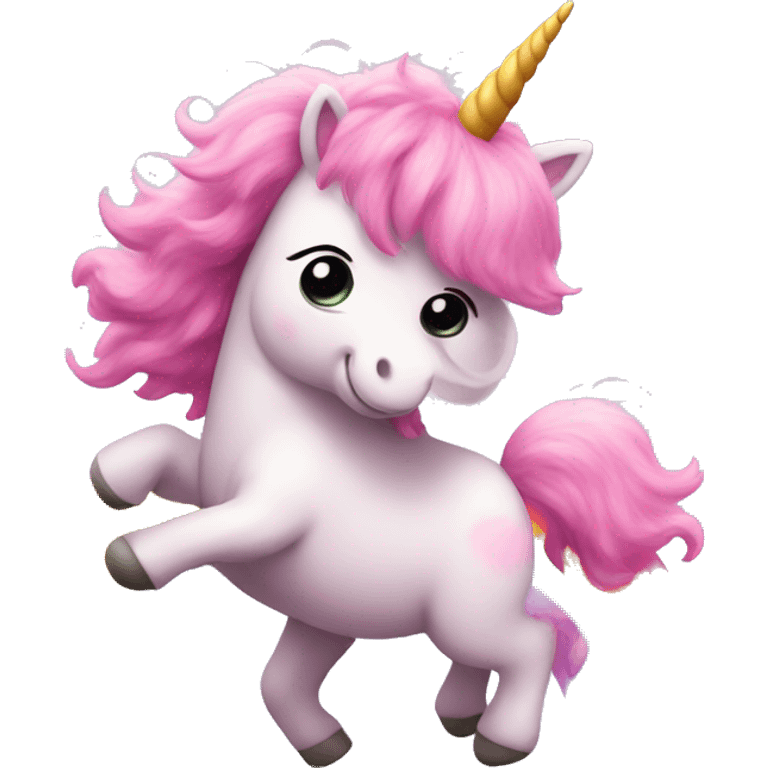 Pink fluffy unicorn dancing on rainbow emoji