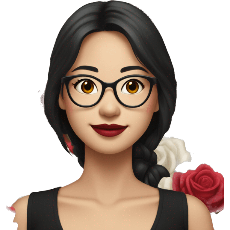 Asian girl, smiling with teeth, fair skin, black long hair, black eyes, black glasses with gold frames, red lipstick, wearing a white lace tank top and a black office jacket on top, with pink and red roses around her. emoji