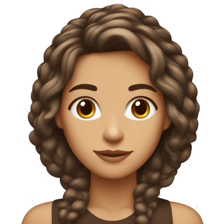 Mulher branca, olhos catanhos, cabelos médio liso e castanho tomand café emoji