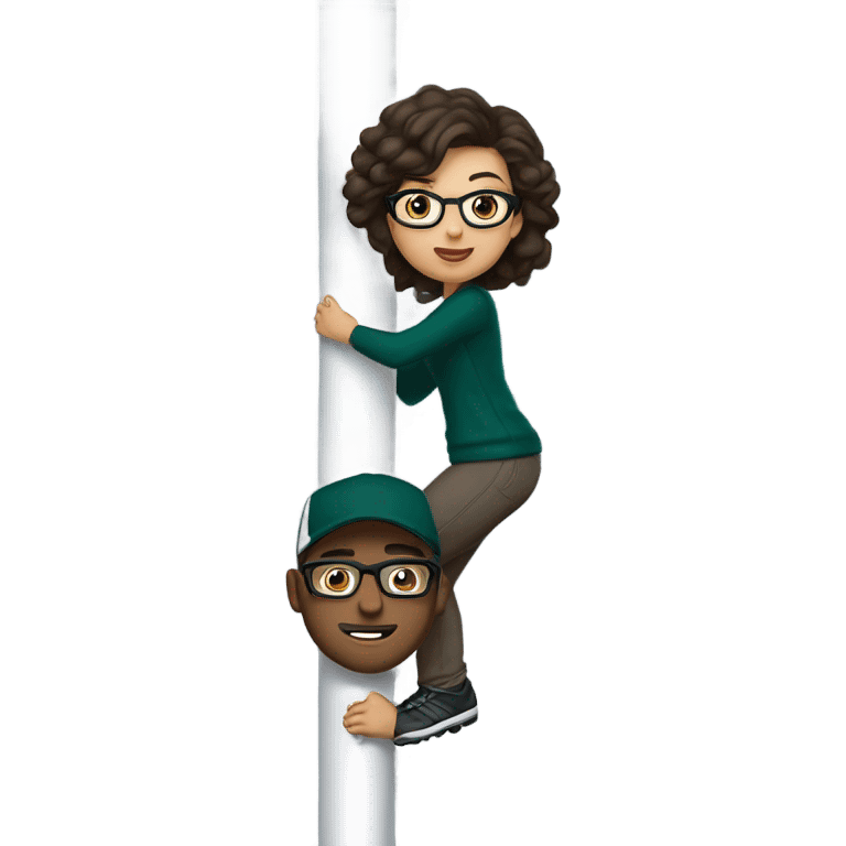 Dark brown hair female with glasses and white male with light brown hair who are both eagles fan climbing up a pole emoji