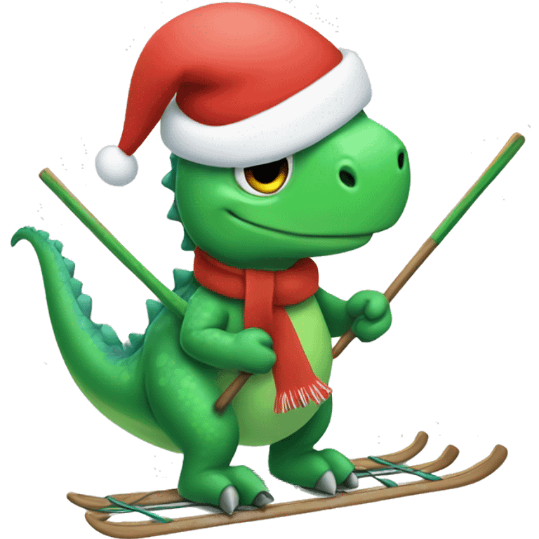 christmas dinosaur skiing while holding poles emoji