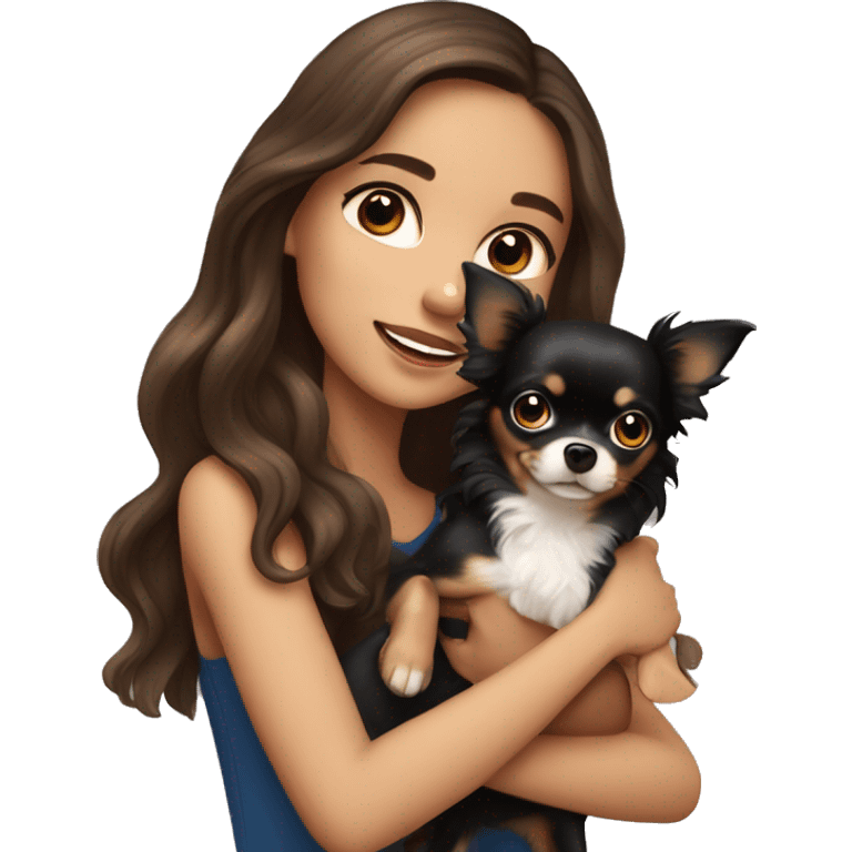 Pretty girl with long wavy brown hair, blue eyes, holding a black and tan chihuahua emoji