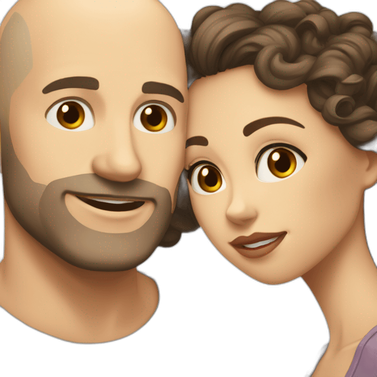 caucasian bald man with grey eyes and a caucasian woman with long curly dark hair and brown eyes kissing emoji