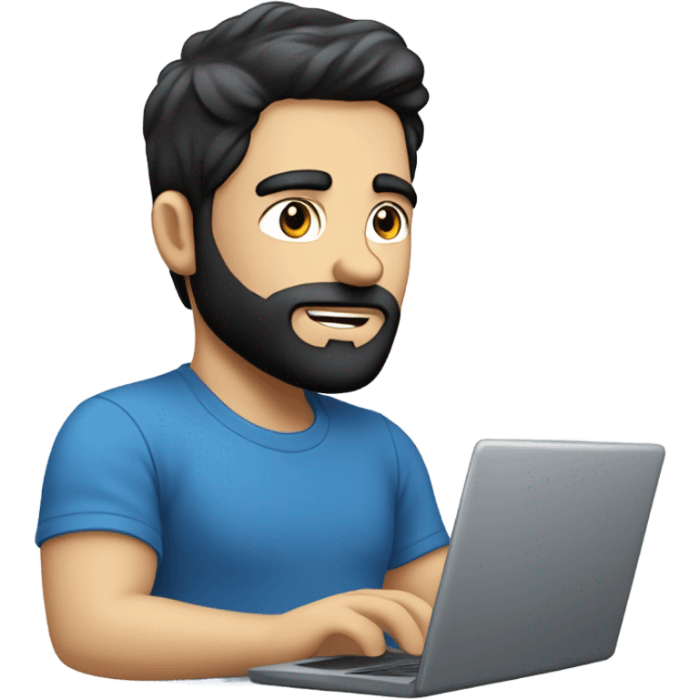 white guy with black hair thin face with beard typing in laptop wearing blue t-shirt working in call center emoji