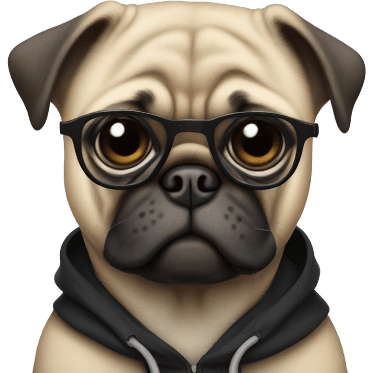 pug wearing a black hoodie and glasses looking sideways emoji