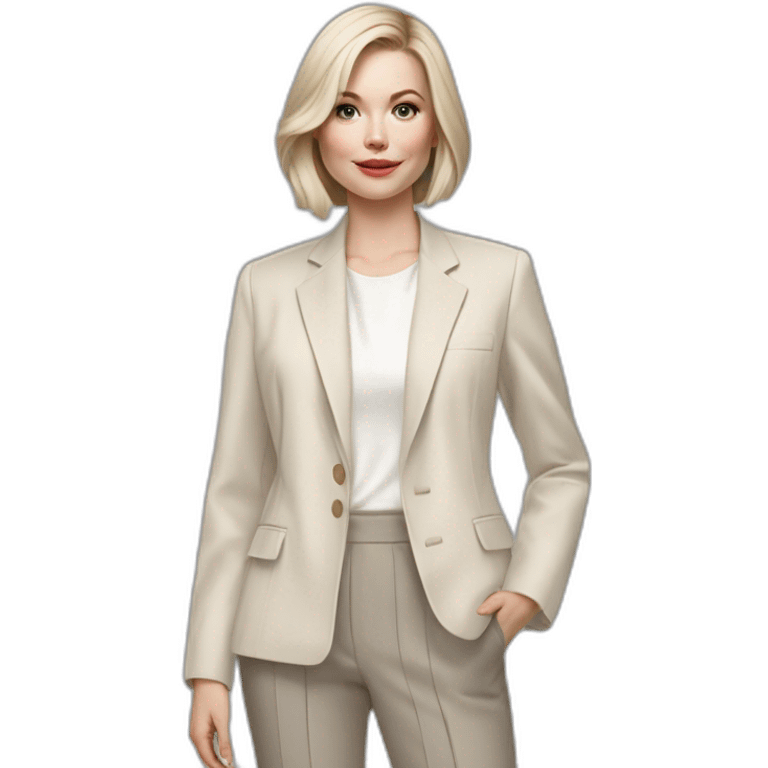 pale skin woman with ash blonde Straightened bob Hair, White Spacious classical jacket, beige palazzo Arrow pants and gray blouse holding RAL colour palette in the hands emoji