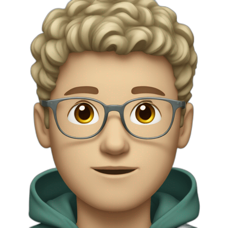 young white guy with wavy hair and a fade in light brown color and round silver color glasses with a grey hoodie on and blue green eyes emoji