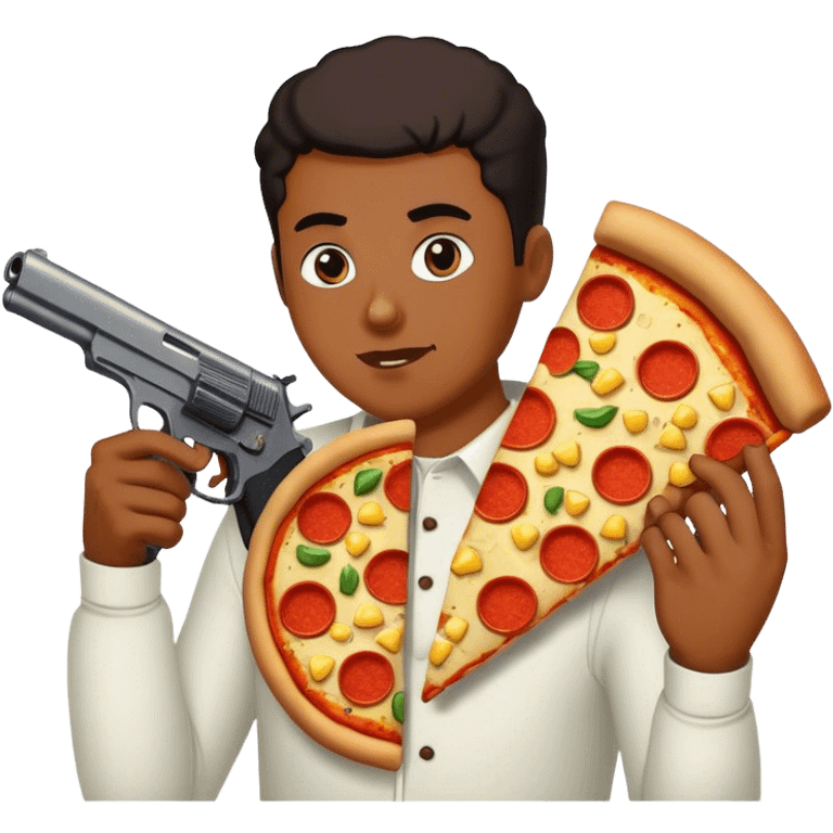 A person eating pizza and corn, with a gun emoji